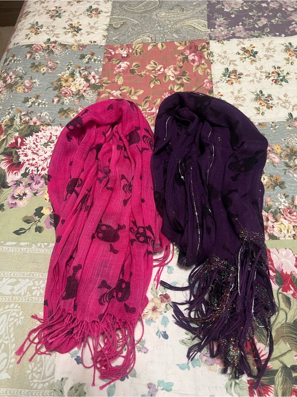 Women's Pink and Purple Skull Print Fringe Scarves - Lightweight Fashion Wraps